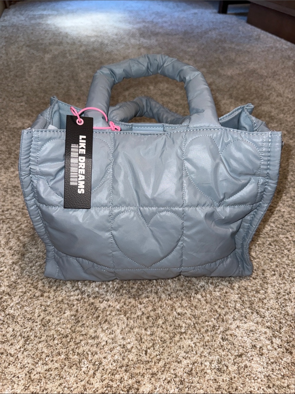 Like Dreams Quilted Heart Tote in Light Blue